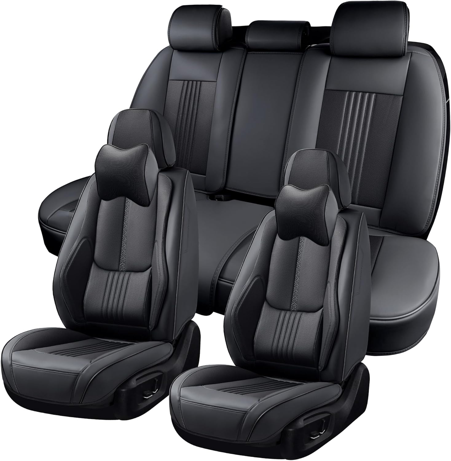 Car Seat Covers Full Set, Front and Rear Seat Covers for Cars, Waterproof Leather Auto Seat Protectors with Head Pillow, Car Seat Cushions Fit for Most Sedans SUV Pick-up Truck, Black