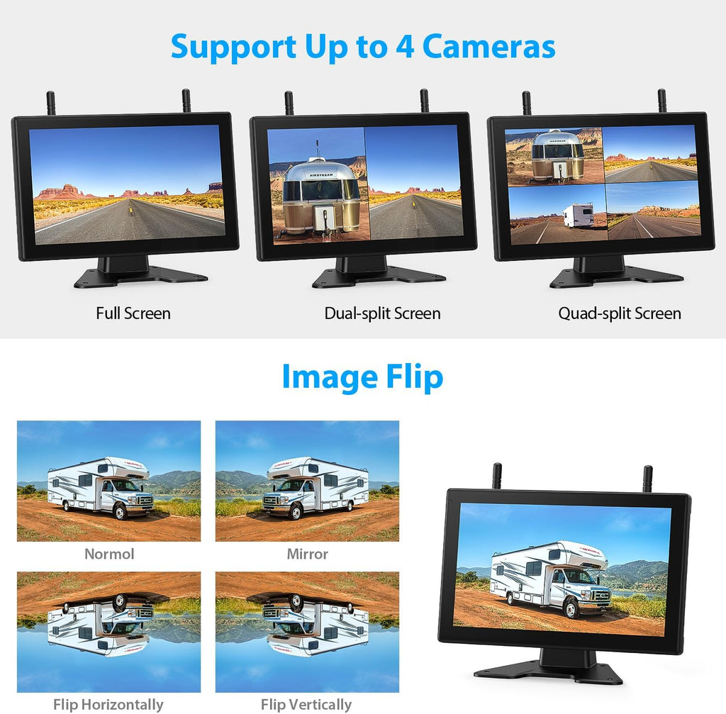 4 Magnetic Solar Wireless Backup Camera HD1080P DVR 10.1" Touchscreen Monitor, Quad RV Rearview Backup Cameras Wireless System for RV Trailer Tractor, Built-in 9600mAh Solar Battery, BL104
