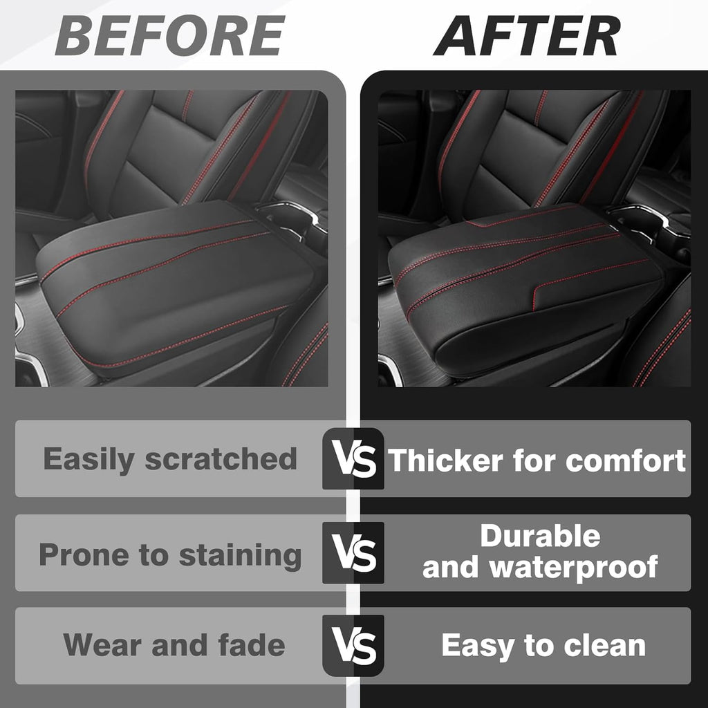 Muslogy Armrest Cover Center Console Cover Compatible with 2024 2025 GMC Acadia & Chevrolet Chevy Traverse Accessories Vegan Leather Arm Rest Middle Console Protector (Black/Red Stitching)