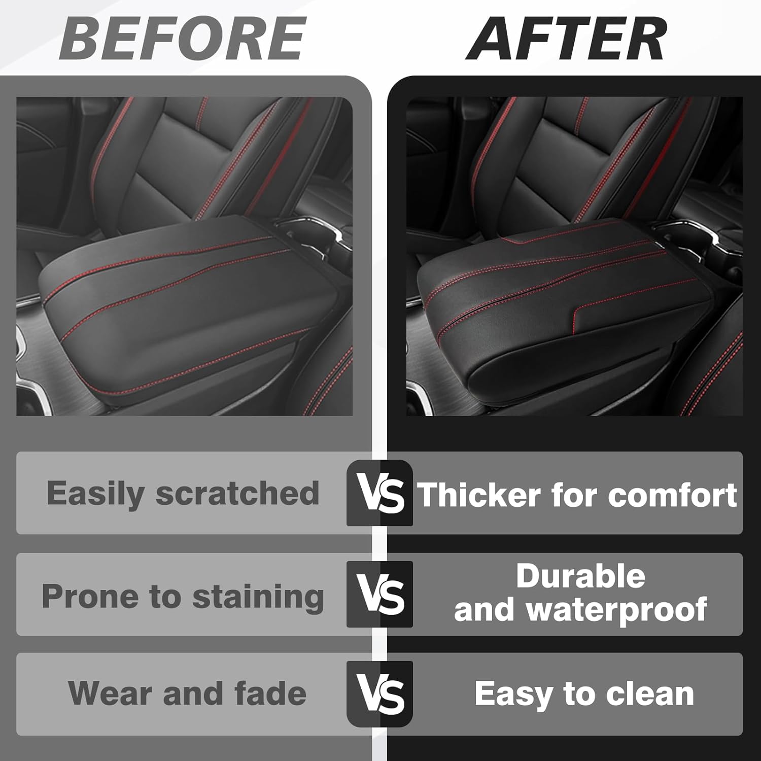 Muslogy Armrest Cover Center Console Cover Compatible with 2024 2025 GMC Acadia & Chevrolet Chevy Traverse Accessories Vegan Leather Arm Rest Middle Console Protector (Black/Red Stitching)