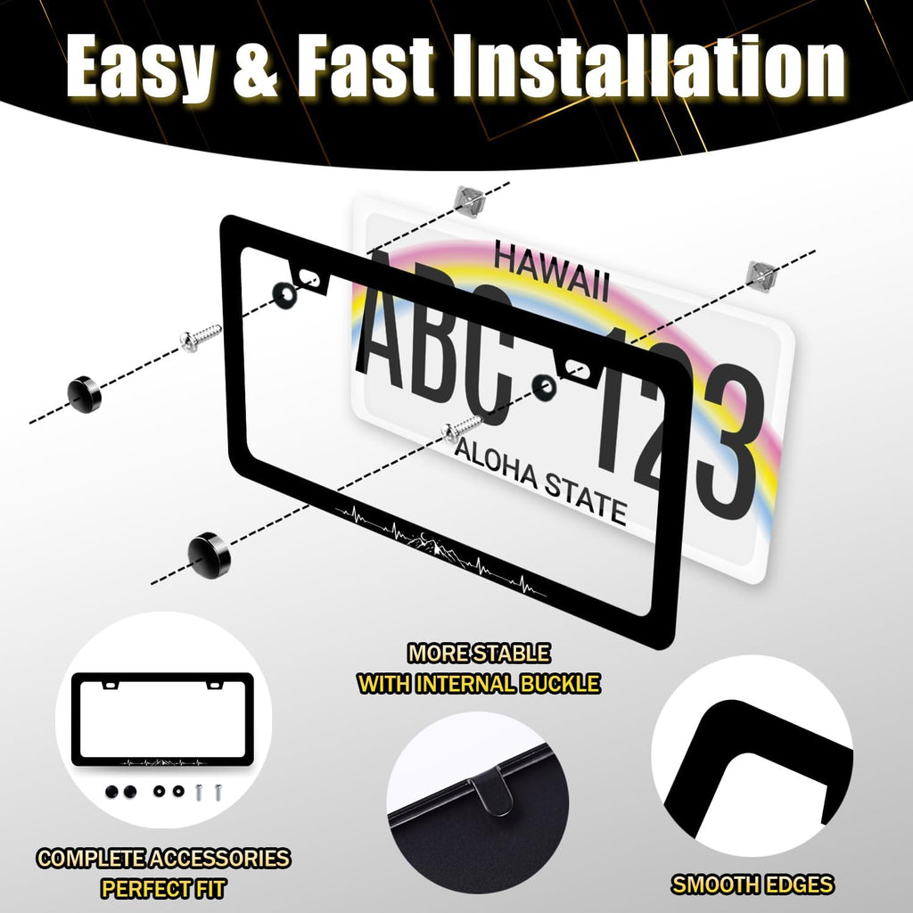 Mountain License Plate Frame Mountains Heartbeat License Plate Holder Colorful License Plate for Car Decoration Stainless Steel Car Accessory with Screws for Men Women 12.3" x 6.3"