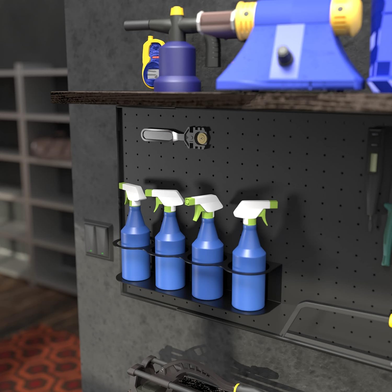 Koova 5 All-Purpose Spray Bottle Holder | Easy Install Wall Mount Hardware Included | Heavy-Duty Powder Coated Steel Storage Rack for Garage And Home | Craft Workspace Paint Bottle Organizer USA Made