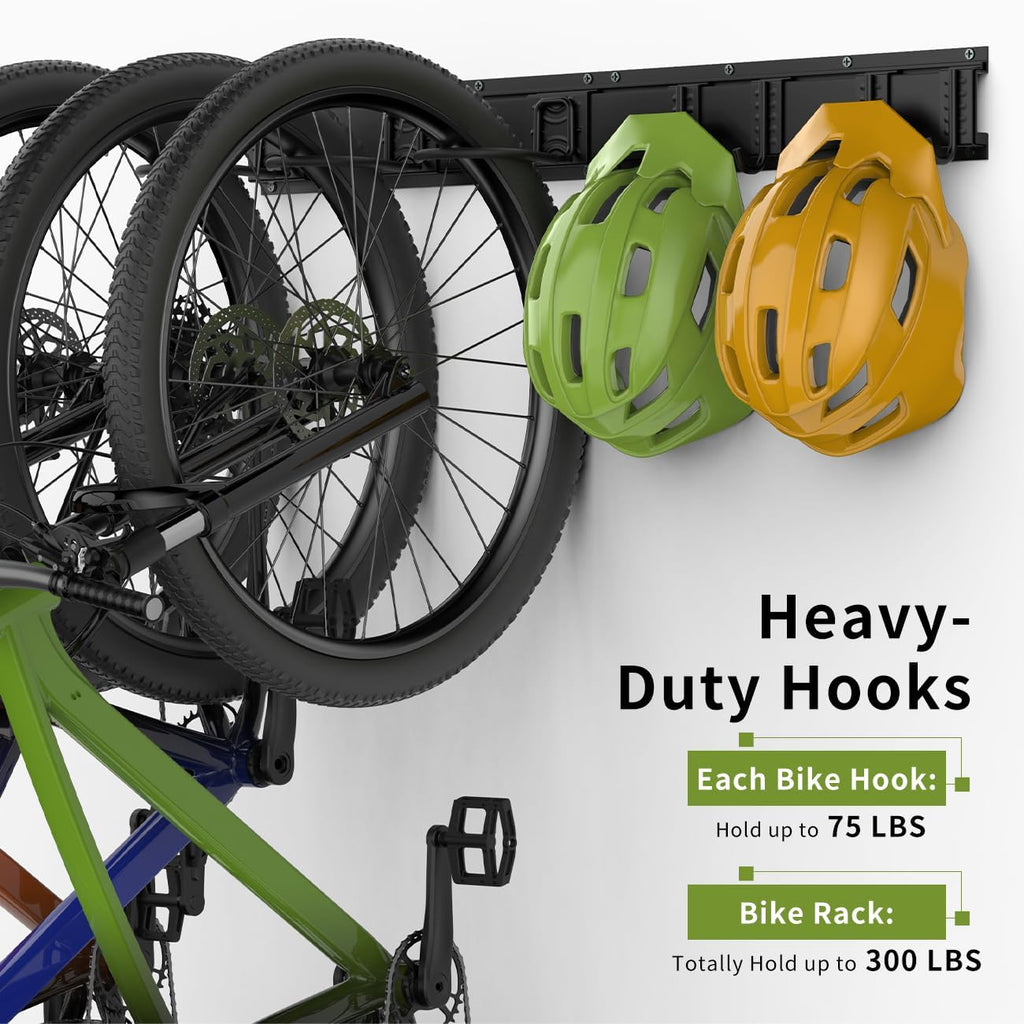 Bike Storage Rack 32Inch for 4 Bikes + 3 Helmets, Up to 300lbs, Heavy Duty Bike Hangers for Garage, Bike Hooks for Garage, Solid Steel Bicycle Storage, Bike Wall Mount, Black
