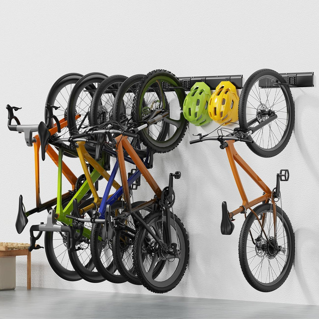 Bike Storage Rack 64Inch for 6 Bikes + 5 Helmets, Up to 500lbs, Heavy Duty Bike Hangers for Garage, Bike Hooks for Garage, Solid Steel Bicycle Storage, Bike Wall Mount, New Black