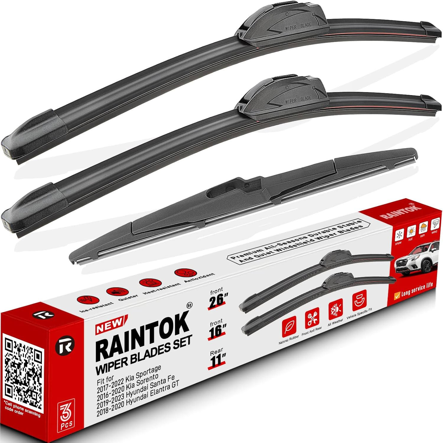 Windshield Wiper Blades Replacement for 2017-2022 Kia Sportage / 2019-2021 Hyundai Santa Fe / 2016-2020 Kia Sorento Original Factory Quality Front Rear Wipers Blade Set - 26" 16" 11"
