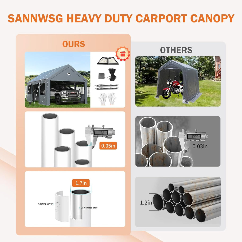 Carports 10X16 Heavy Duty，Portable Car Port Garage，Carport Canopy with Side Doors，Outdoor Car Shelter All Weather,Grey