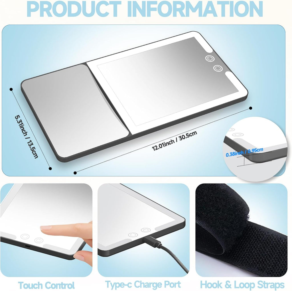 Car Sun Visor Vanity Mirror with Lights,Side with 6 inch 20X Magnifying Mirror,Rechargeable Car Makeup Mirror with 3 Light Modes,Dimmable Touch Led Screen,Black