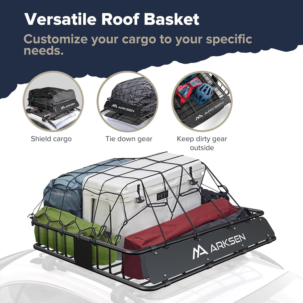 ARKSEN 43 x 50 x 6 Inch Universal Extra Wide 150LB Heavy Duty Roof Rack Cargo with Cargo Net, Car Top Luggage Holder Carrier Basket for SUV, Truck, & Car Steel Construction