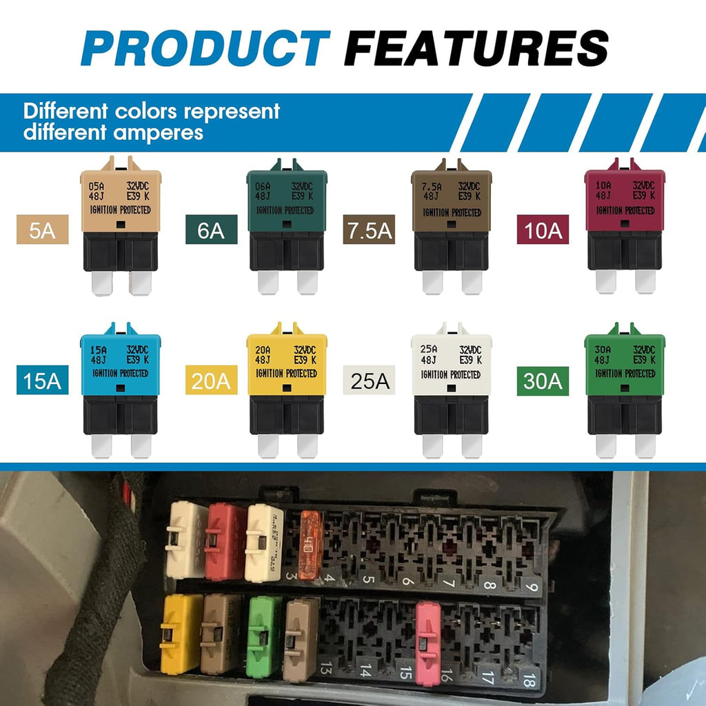 GLOSO Circuit Breaker E39 (T3) Manual Reset Fuse for Car Truck RV Automotive Marine Boat Trolling motor & Custom Wiring Audio battery protection/Low Profile ATC/ATO (7.5A - 5 Pack)