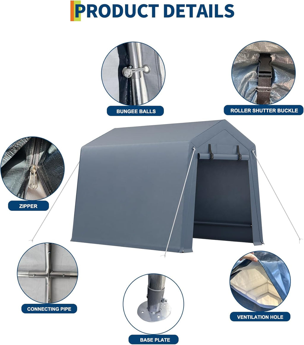 6x6 FT Outdoor Storage Shed, Portable Carport with Roll-up Ventilated Zipper Door and Windows, Heavy Duty Waterproof Tarp, Storage Sheds for Motorcycle, Bike, Firewood, Garden Tools