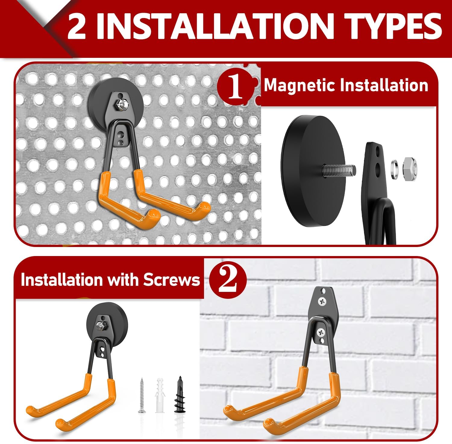 3-H Heavy Duty Magnet Garage Hooks 2 Pack, Extra Large Strong Magnetic Hooks for Hanging Cordless Power Drill, Utility Magnetic Tool Holder for Metal Cabinet, Steel Pegboard, Toolbox, Garage(Orange)
