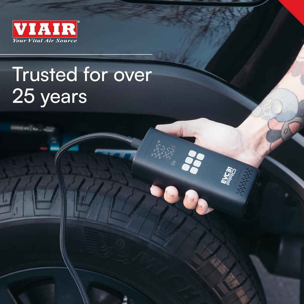 Viair Every Vehicle Carry EVC31 PRO - rechargeable, portable air compressor, dual power source, LED gauge w/preset - Tire Inflator Ideal for LT truck & suv's, cars, motorcycles, & E-bikes