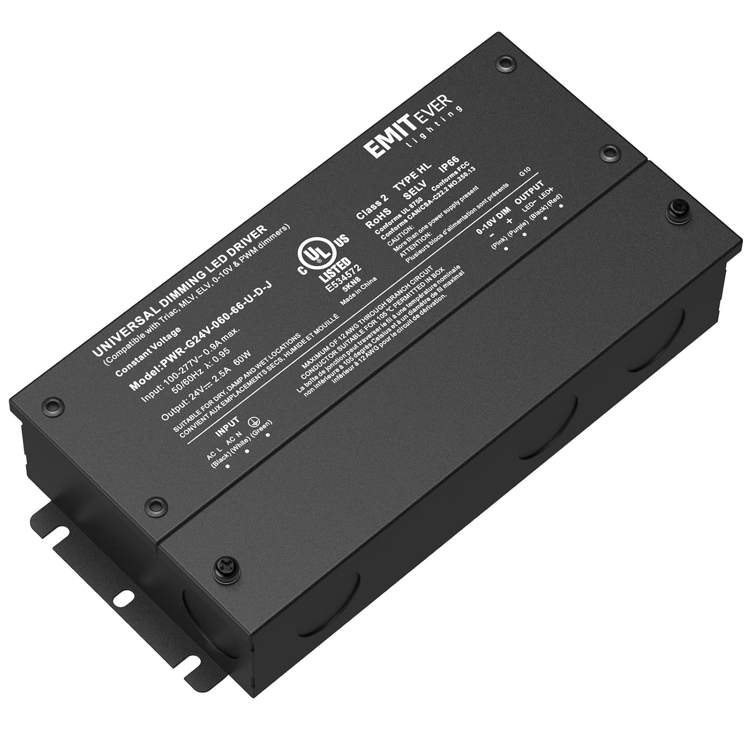 EMITEVER 60W Dimmable LED Driver, 24V Triac Dimmable Power Supply, AC to DC Transformer for LED Light, Compatible with Lutron and Leviton Dimmer, Waterproof IP67 and UL Listed, Class 2