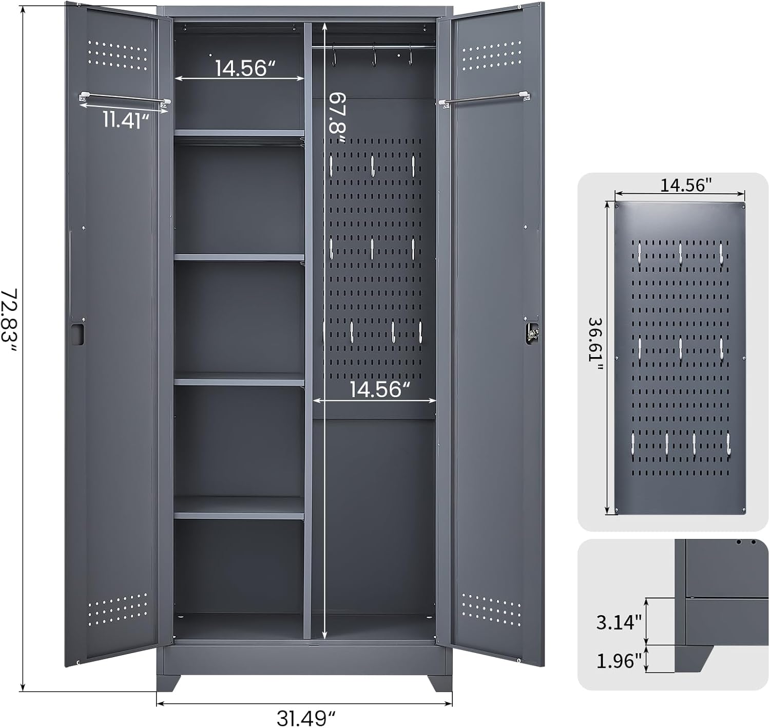 GREATMEET 72.8" Broom Storage Cabinet，Metal Storage Cabinets for Cleaning Supplies with Pegboard, Utility Closet, Broom Mop Cabinet, Grey