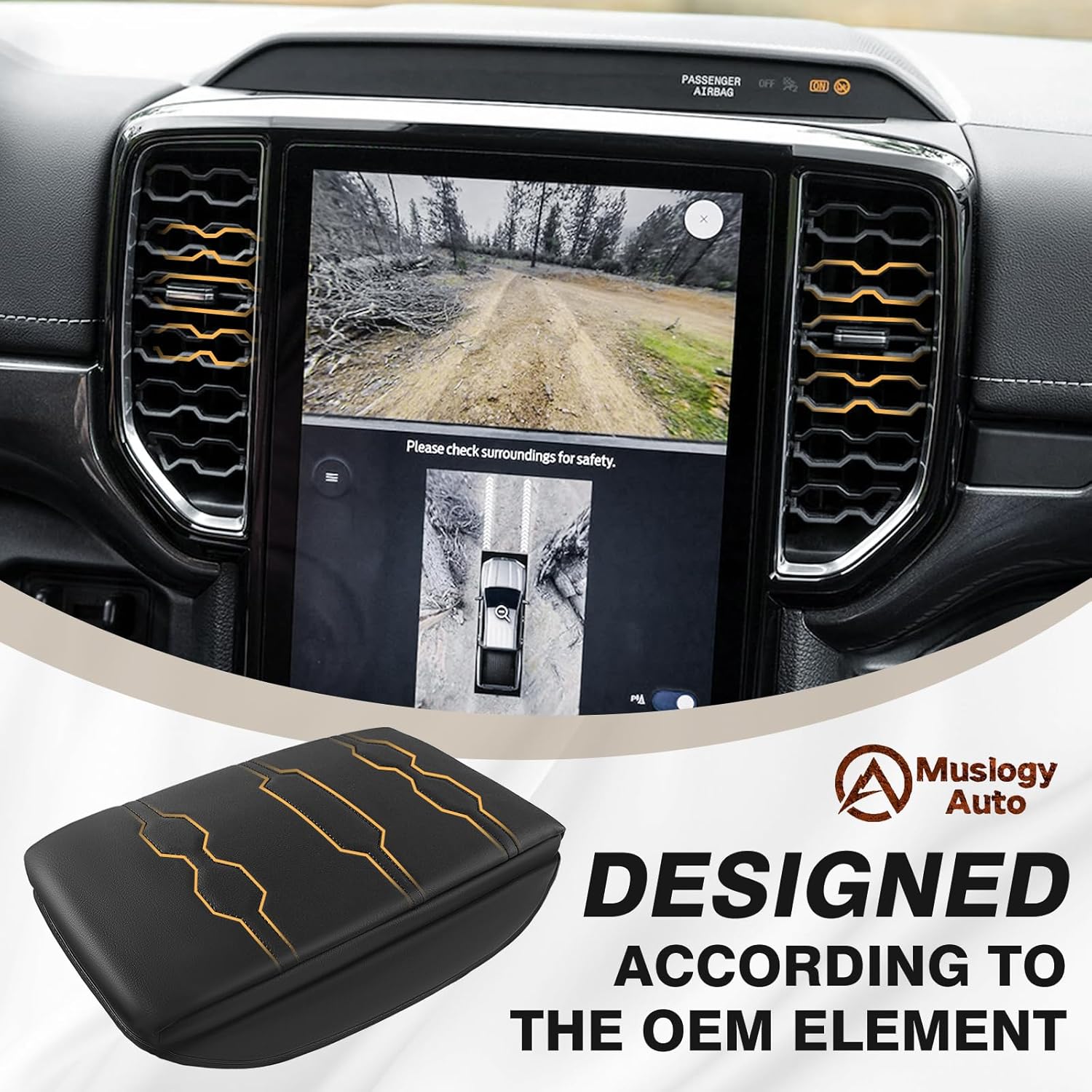 Muslogy Center Console Armrest Cover Compatible with Ford Ranger 2024 2025 Accessories Comfort Armrest Pad Cushion Box Lid Cover Vegan Leather Protector 1-Inch Extra Thick(Black/Black Stitching)