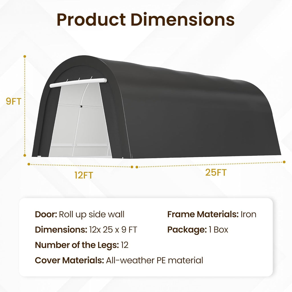 Kiss the Water Carport, Round Portable Garage, Steel Heavy Duty Carport with Ground Stakes, Tensioner and 2 Roll Up Windows PE Fabric Car Port, Garage, Storage Shed, Tent for Storage, SUV (12x25 Ft)