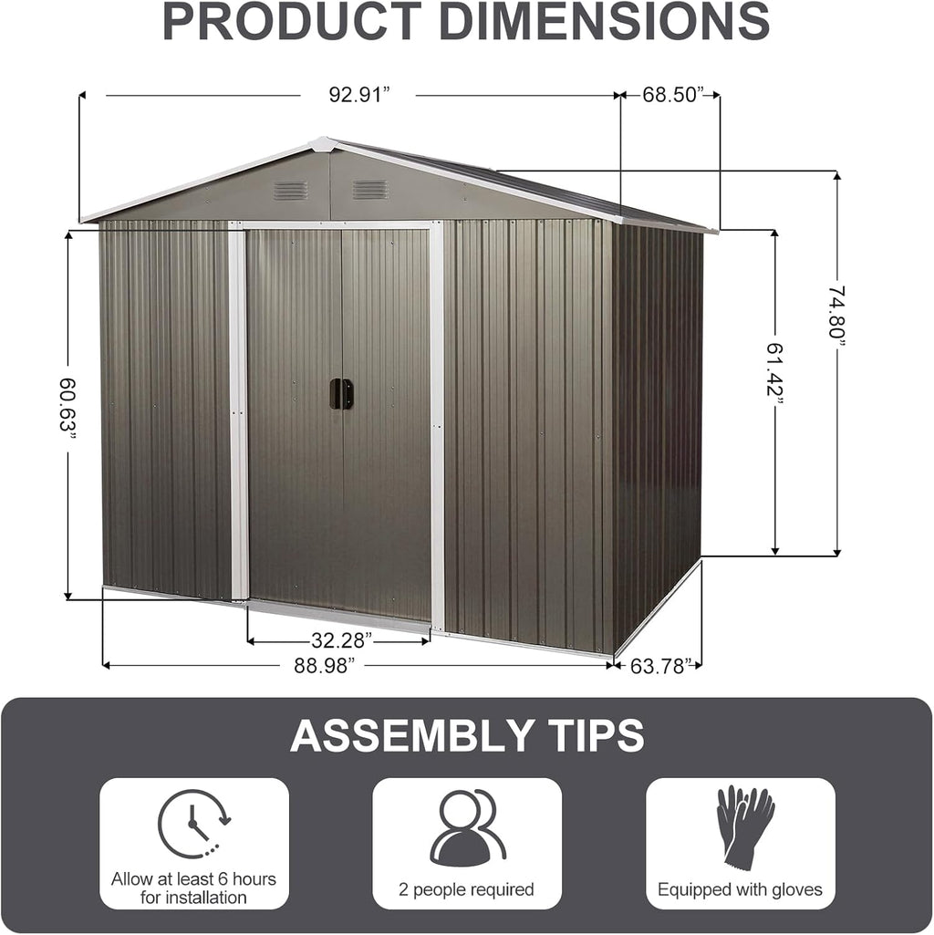 6x8 FT Outdoor Storage Shed, Metal Garden Shed with Frame Floor, Outside Tool Shed with Lockable Sliding Doors, Waterproof Storage Building with Sloped Roof for Backyard, Patio, Lawn, Gray