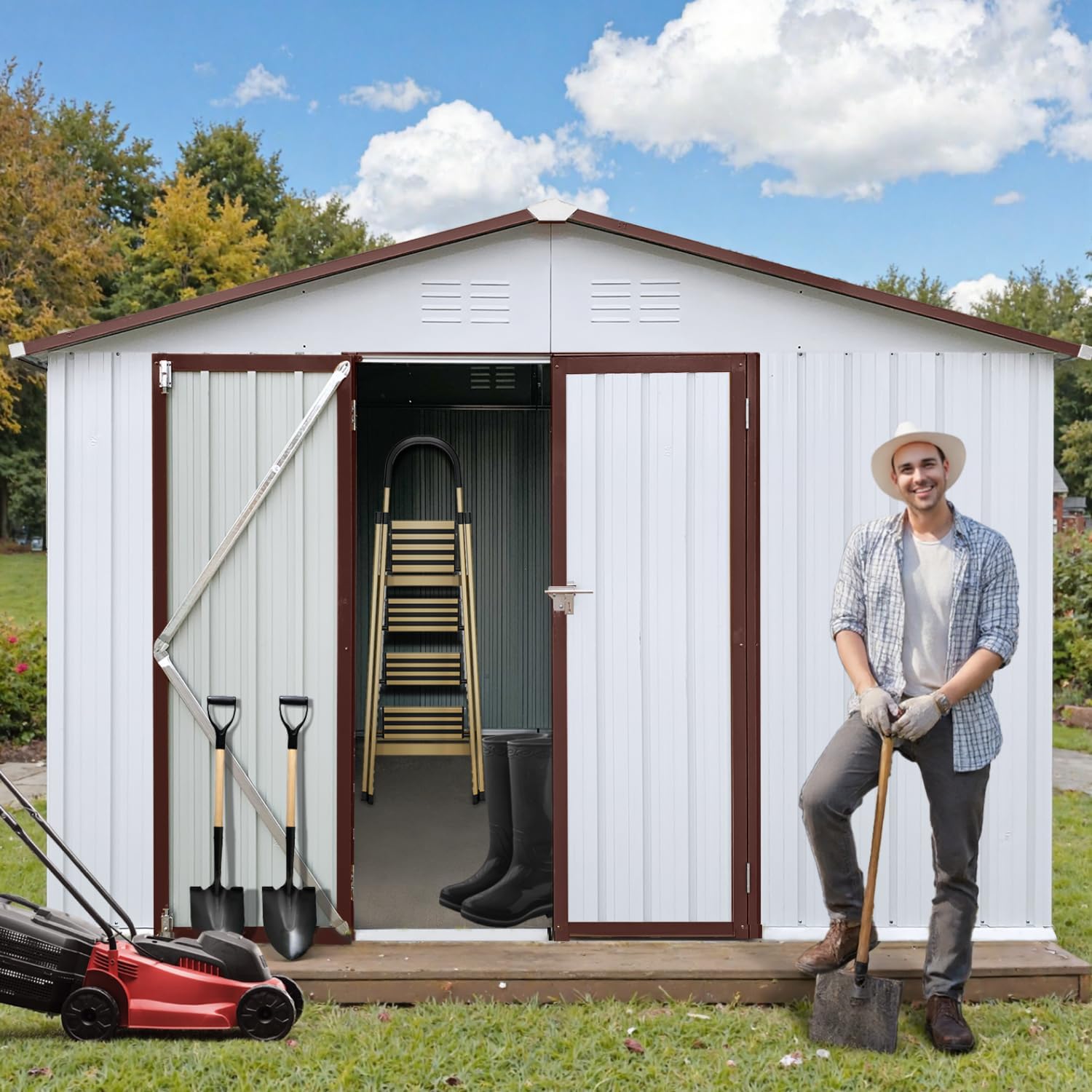 10 x 12 FT Outdoor Storage Metal Shed, Garden Bike Shed with Slooping Roof, Lockable Doors and Windows, All-Weather Tool Shed Easy to Assemble for Backyard, Patio, Lawn, White
