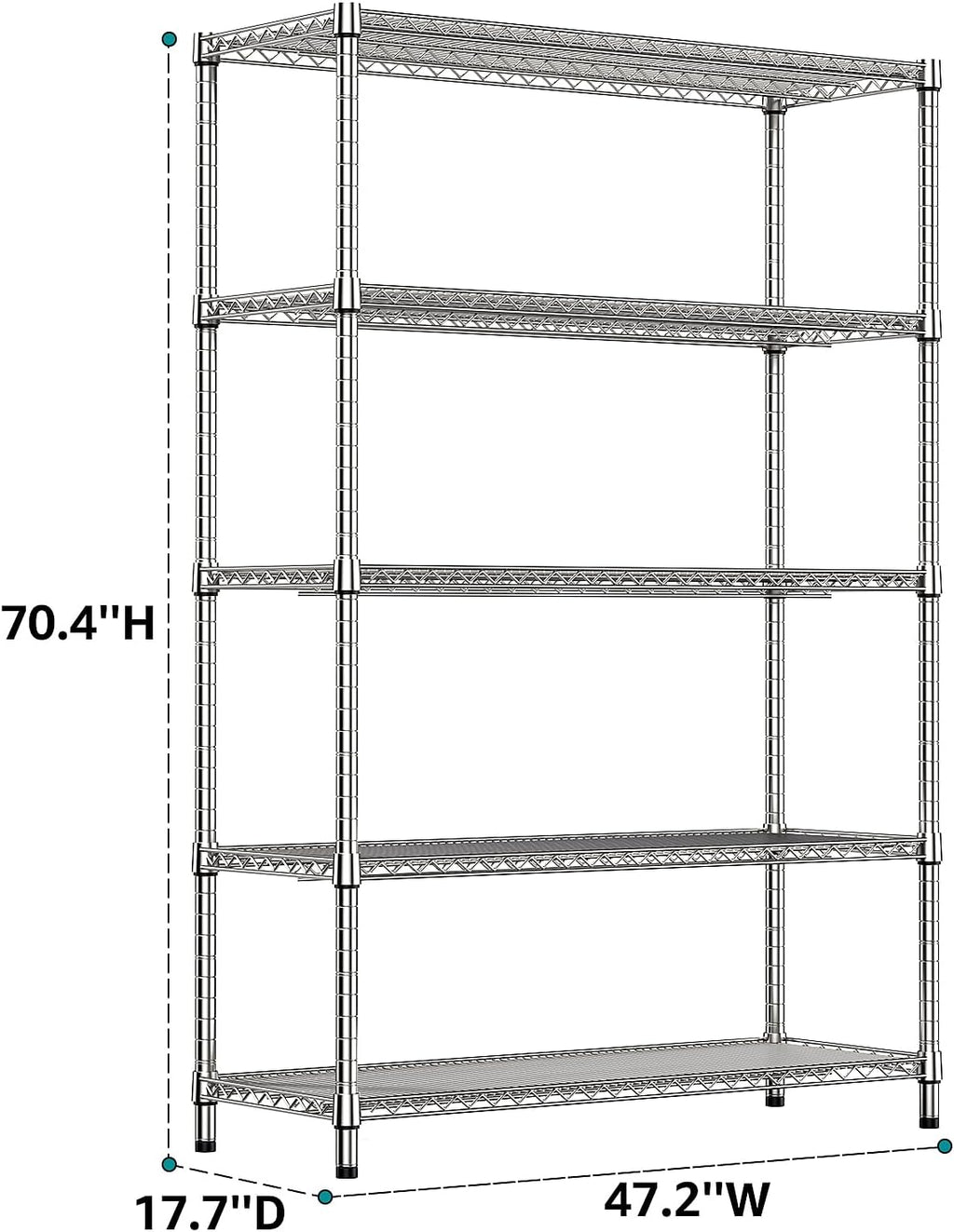 IZEUK 3300 LBS Garage Shelving Wide Storage Shelves 5 Tier Metal Shelves Heavy Duty Adjustable Utility Shelf Rack Chrome 17.7" D x 59.1" W x 70.4" H