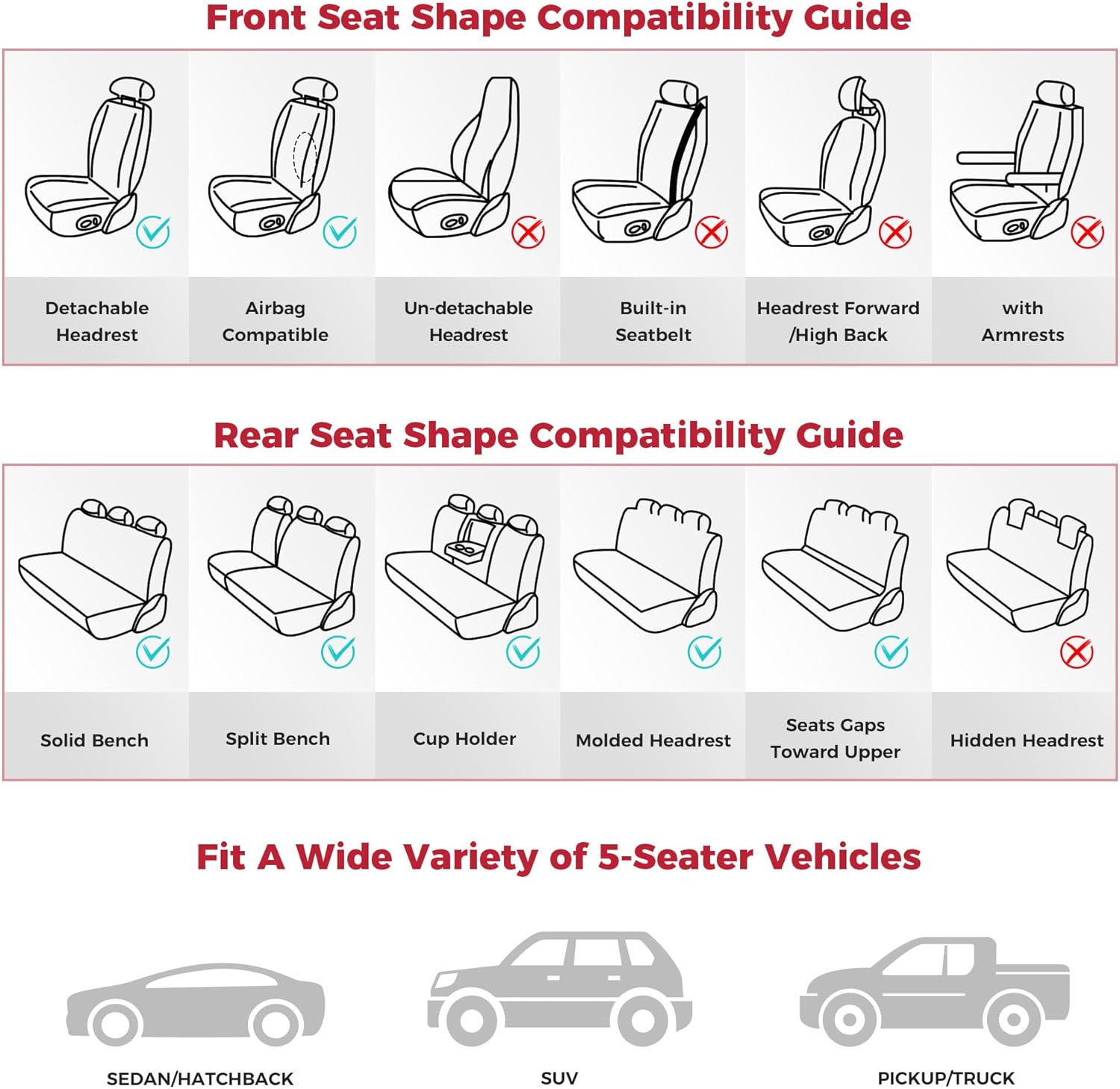 Black Car Seat Covers Full Set - Waterproof Leather Car Seat Protector Universal Fit Escape Fusion Edge Expedition Ranger