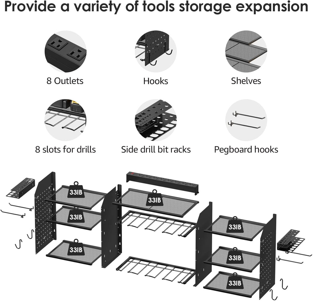 CCCEI Black Large Tools Organizer Wall Mount Charging Station, 39 Inch Long Power Tool Battery Storage Rack with 10FT Power Strip. 8 Drill Holder, Garage Utility Shelves. Pegboard Hanging Extension.