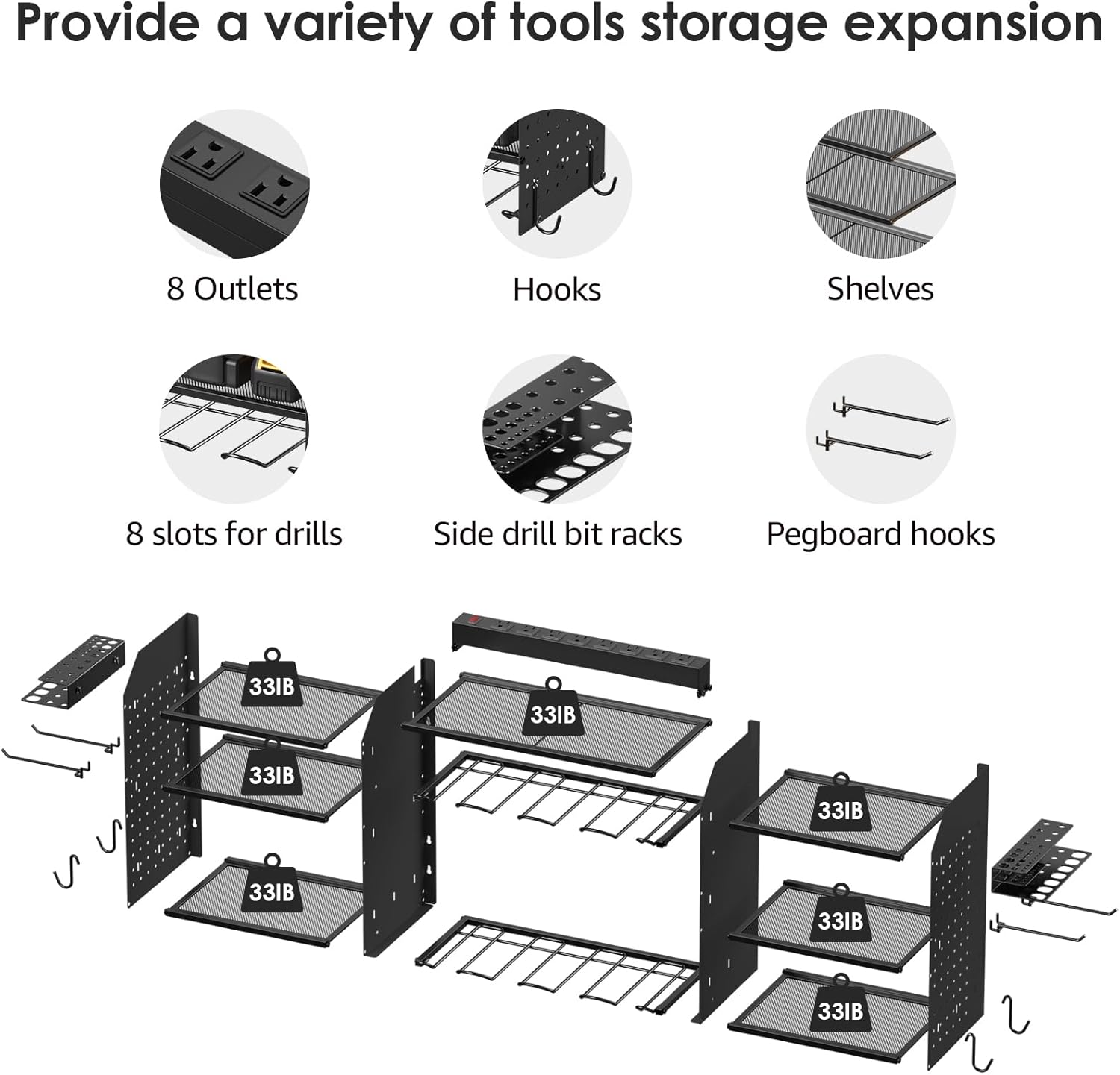 CCCEI Black Large Tools Organizer Wall Mount Charging Station, 39 Inch Long Power Tool Battery Storage Rack with 10FT Power Strip. 8 Drill Holder, Garage Utility Shelves. Pegboard Hanging Extension.