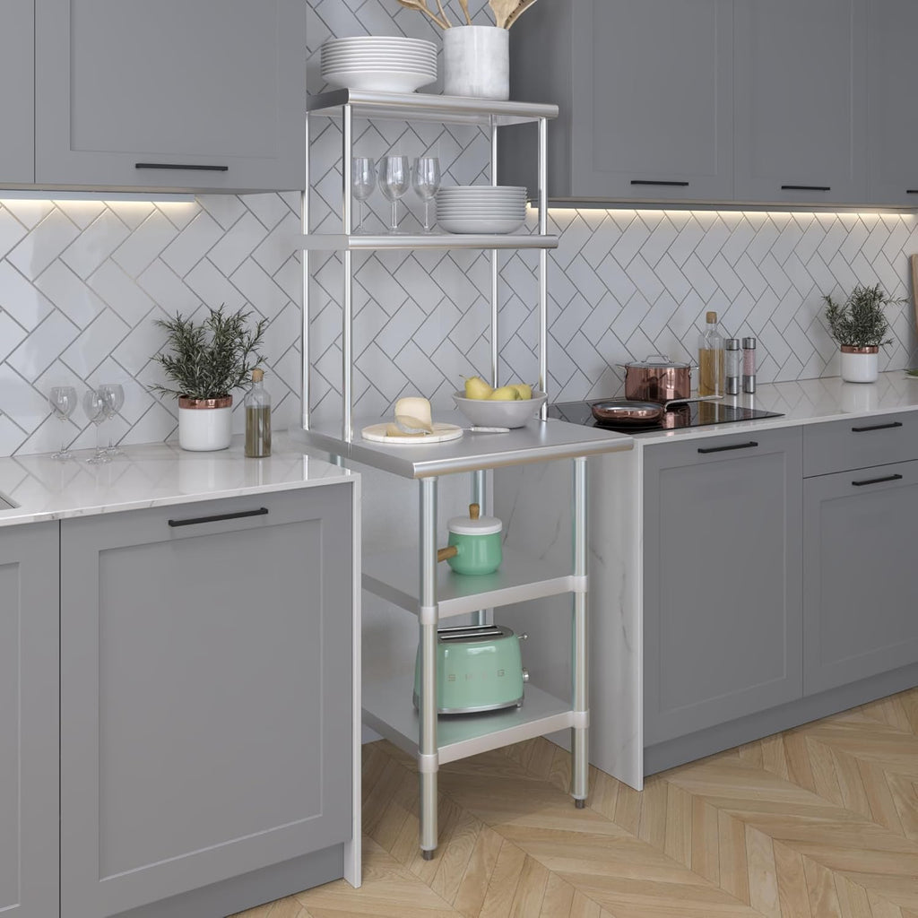 Amgood Stainless Steel Work Table with 2 Shelves | Metal Kitchen Prep Table & Shelving Combo (24" x 24" Table with 2 Shelves + 12" Overshelf)
