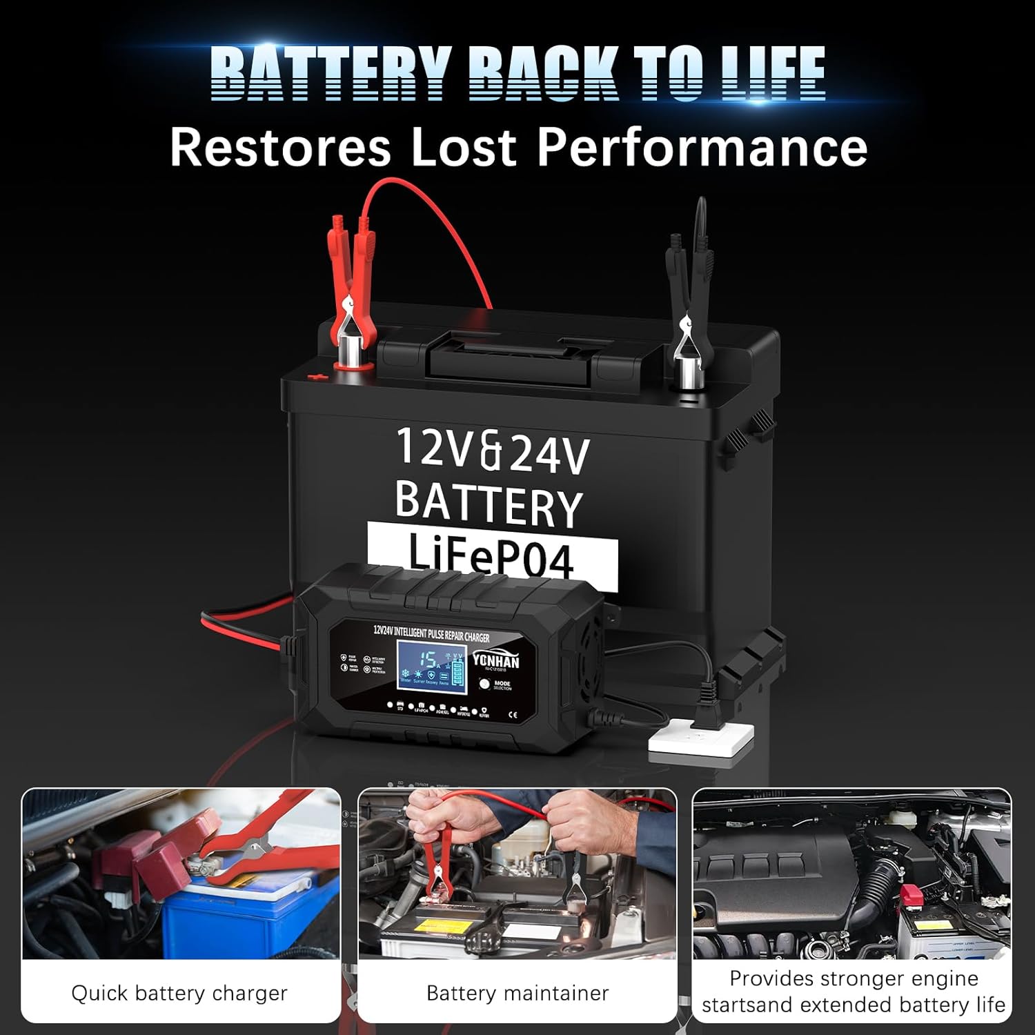 YONHAN 15-Amp Battery Charger LiFePO4 Trickle Car Battery Charger 12V 24V Fully-Automatic Smart Battery Chargers, Lead Acid Portable 9-Stage Smart Battery Maintainer with Temp Compensation(Black)