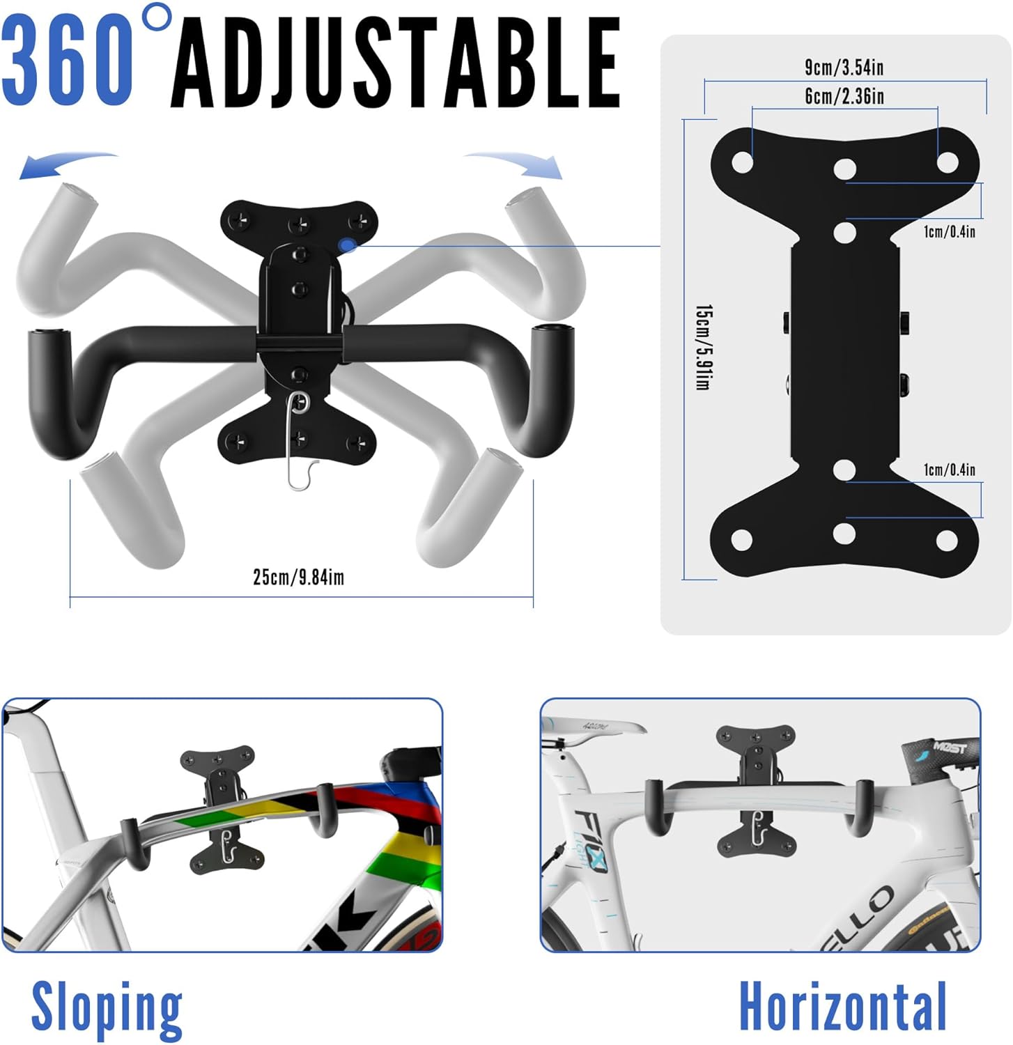 Bike Wall Mount Hanger - Adjustable Horizontal Bicycle Storage Rack for Garage and Home - Metal Hook Holder for Road, Mountain, and Hybrid Bikes（2 Pack）