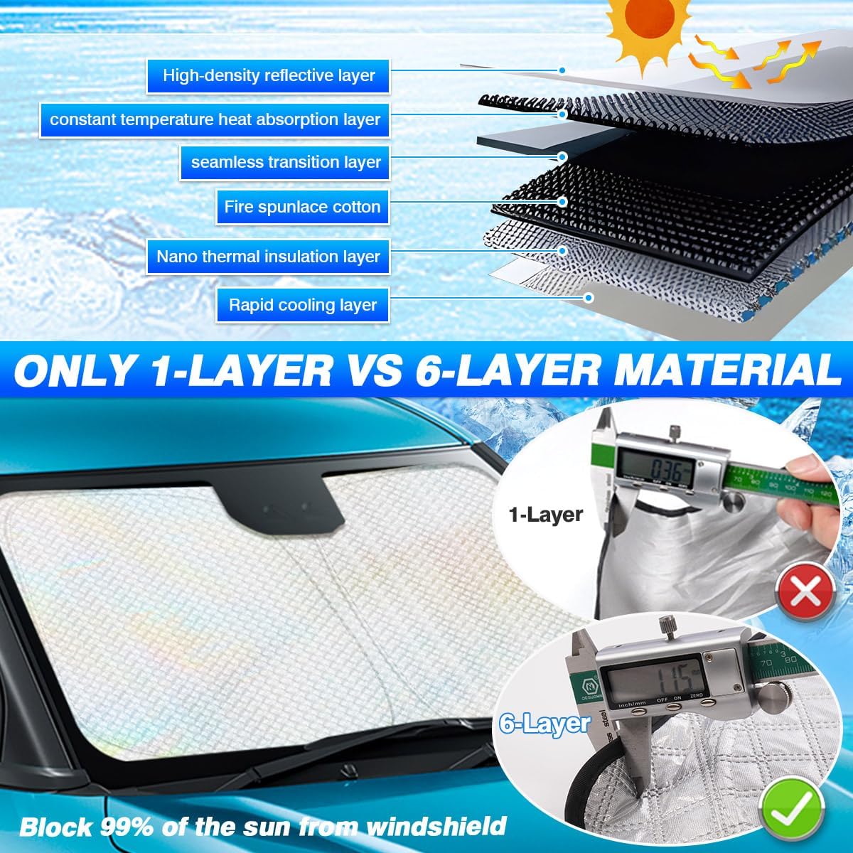 Windshield Sun Shade for 2021-2025 2026 Kia Seltos Accessories Thicken 6-Layer Front Window Sunshade Cover Sun Visor Protector Foldable Block UV Rays Keep Vehicle Cool