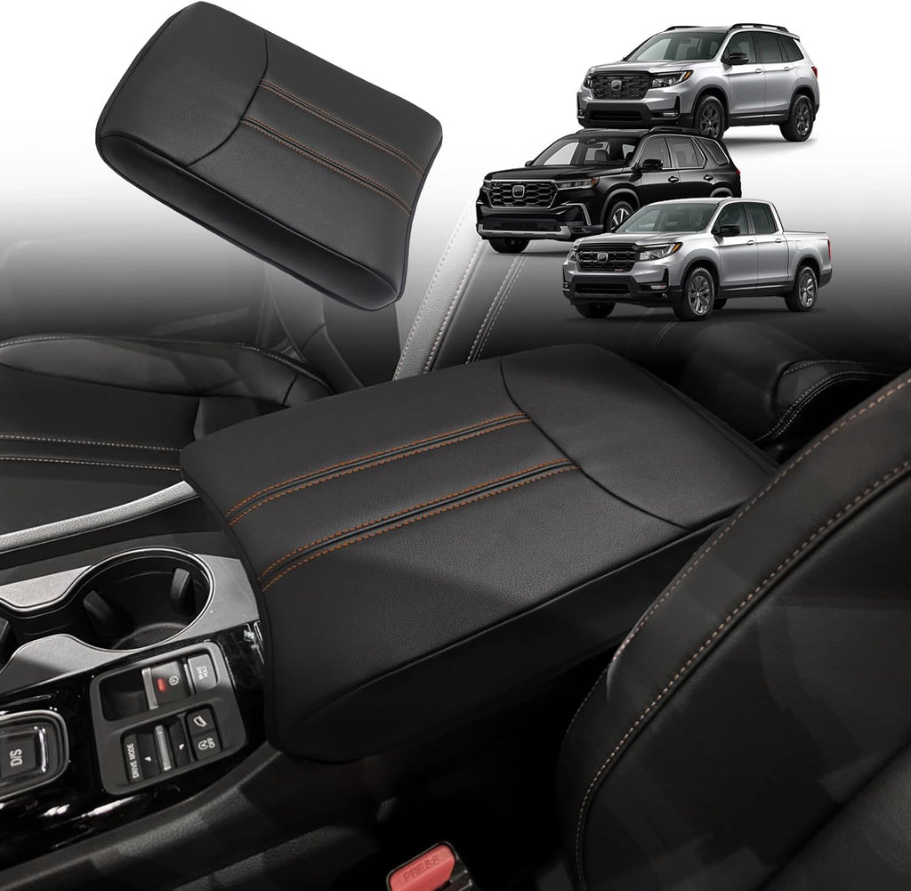 Muslogy Center Console Cover Compatible with Honda Pilot 2023 2024 2025, 2024-2026 Ridgeline/Passport Accessories Armrest Pad Lid Cushion Console Protector Vegan Leather Extra Soft(Black/Orange Trim)