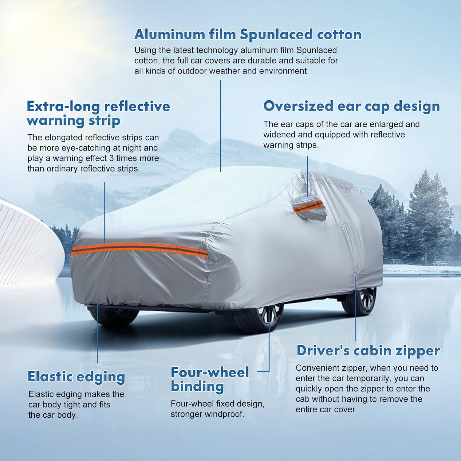 KEYOOG 6-Layer Full Car Cover is All-Weather Waterproof, Fit for 205"-216" Length Sedan, Universal in All Seasons, Snow Prevention, Rainproof, Acid Rainproof, Sunscreen, Orange Reflective Strip