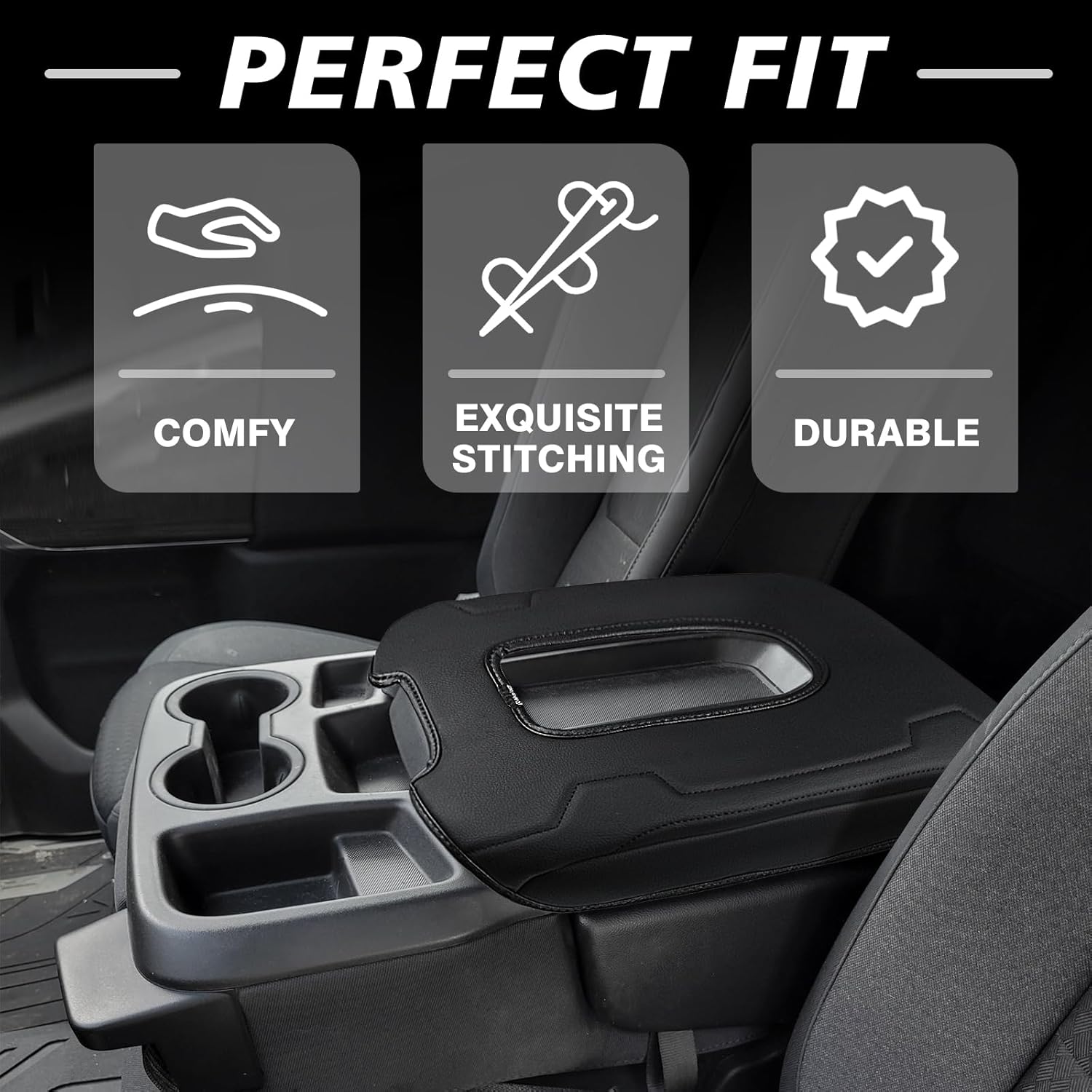 Muslogy Center Console Armrest Cover Compatible with Chevy Silverado & GMC Sierra 2019-2025 Comfort Armrest Pad Arm Rest Cushion Vegan Leather Protector Regular Thick(Jump Seat ONLY)