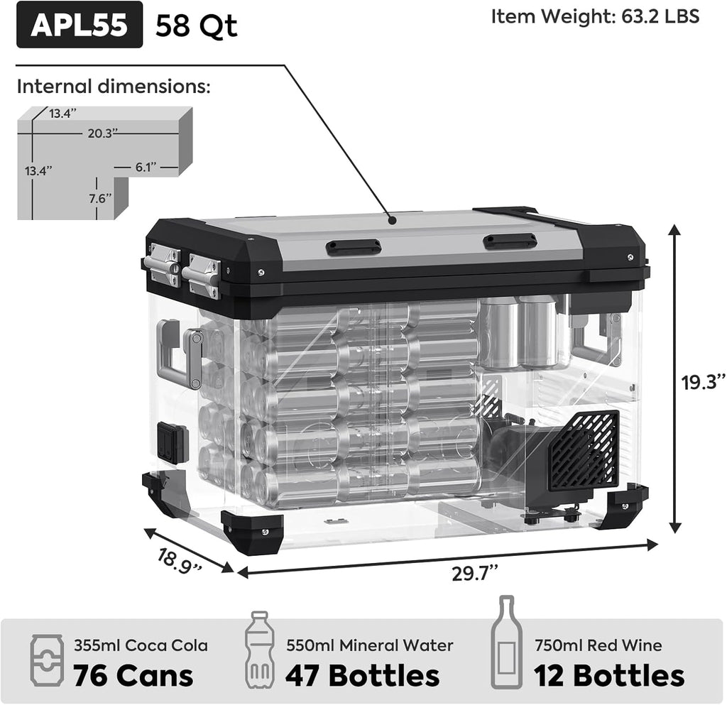 ICECO APL55 Dual Zone Portable Refrigerator Bluetooth Controlled, 55 Liter 12v refrigerator with SECOP Compressor, DC 12/24V, AC 110-240V, for Truck, Car and Home, -4℉~68℉(Silver)