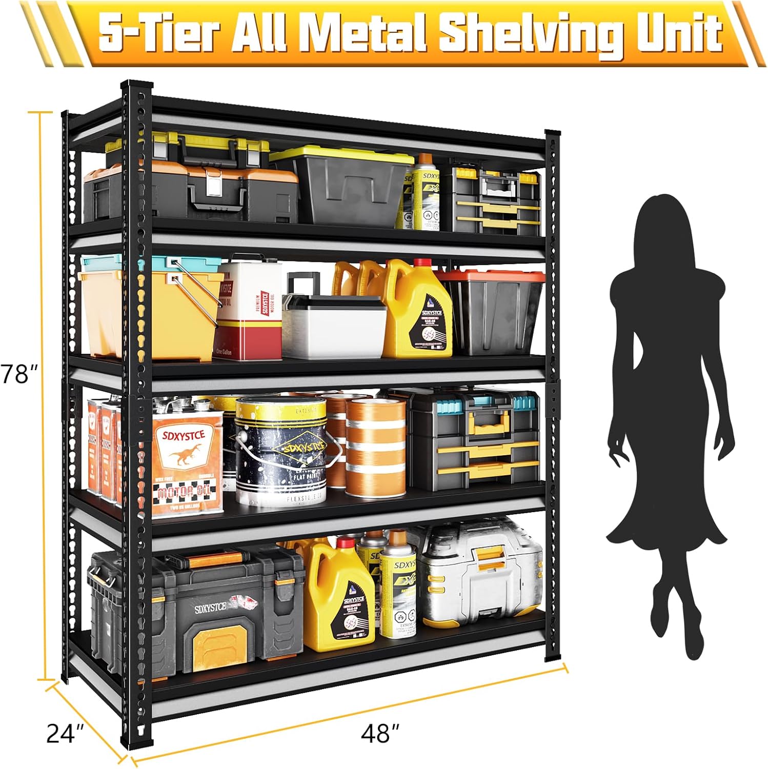 48" W Garage Shelving Heavy Duty, 3000LBS Loads Adjustable Garage Storage Shelves, 5-Tier Metal Shelving Units and Storage Racks, Industrial Utility Shelf,48" Wx24 Dx78 H, Black
