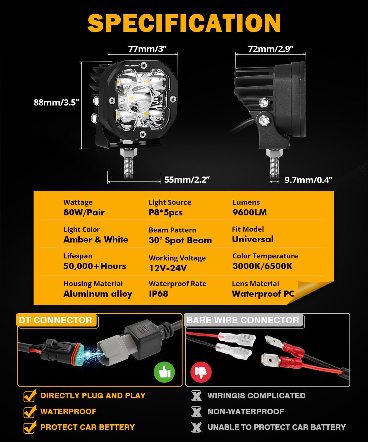 Auxbeam 3 Inch LED Pods, XP-Ultra Series Offroad LED Cube Light, 80W 9600LM Spot Beam White Spotlight Amber Fog Ditch Lights Auxiliary Driving Lights for 4×4 Jeep Truck ATV UTV, Pair