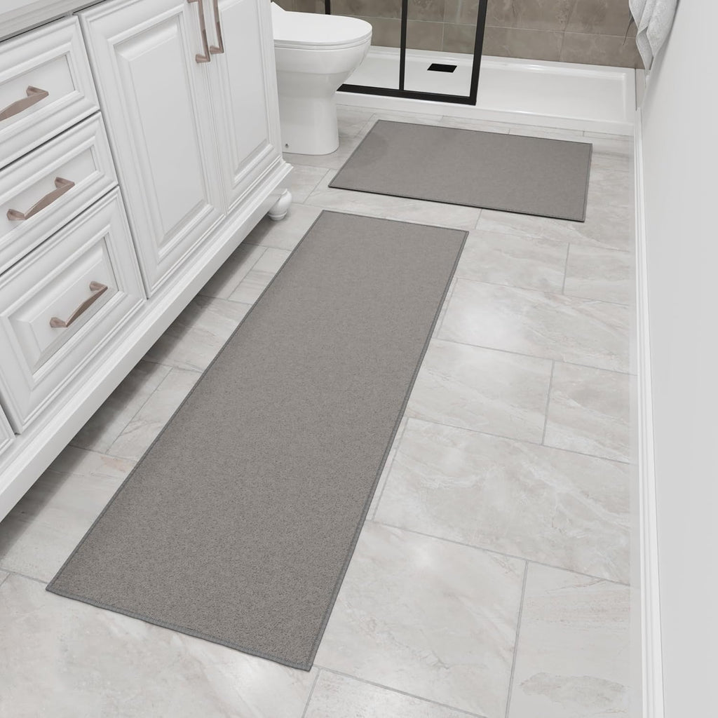 Ottomanson 2-Piece Kitchen Rug Set - Non Slip, Runner & Small Area Rug - Solid - 20" x 59" & 2'3" x 3' - Durable, Stain Resistant for Entryway, Bedroom and Bathroom, Gray