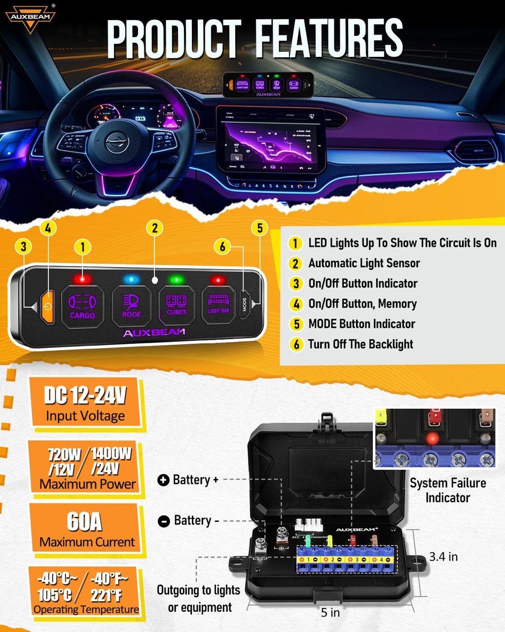 Auxbeam 4 Gang Slim Switch Panel RGB AS-R40 Toggle Momentary Pulsed Dimmable Backlight Multifunction Switch Panel with Memory Function for 12-24V Truck Offroad Car Marine Waterproof 2 Years Warranty