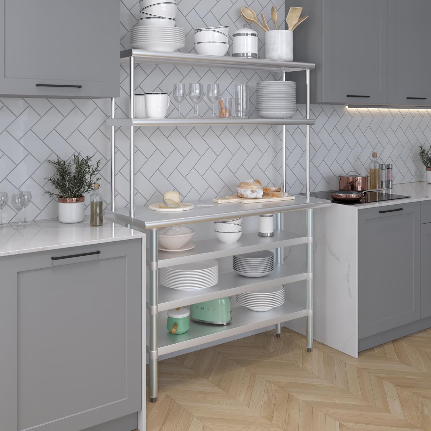 Amgood 18" x 48" Stainless Steel Work Table with 3 Shelves and 12" Wide Double Tier Overshelf | Metal Kitchen Prep Table & Shelving Combo | NSF