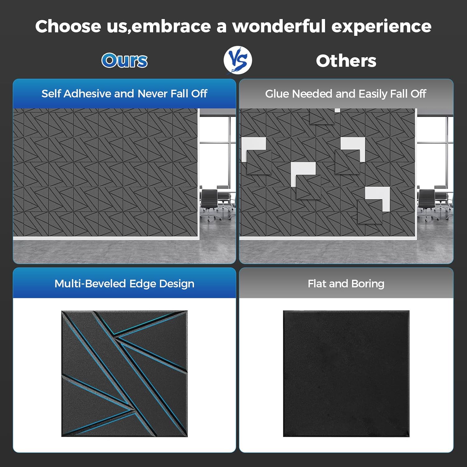 【10 Pack】 Acoustic Panels Self-Adhesive (0.4" Thick | 0.8lb/ft³ Medium Density) - 12x12 Soundproof Foam Tiles for Home Office/Wall Sound Absorption, Noise Reduction Panels Studio Use - Black