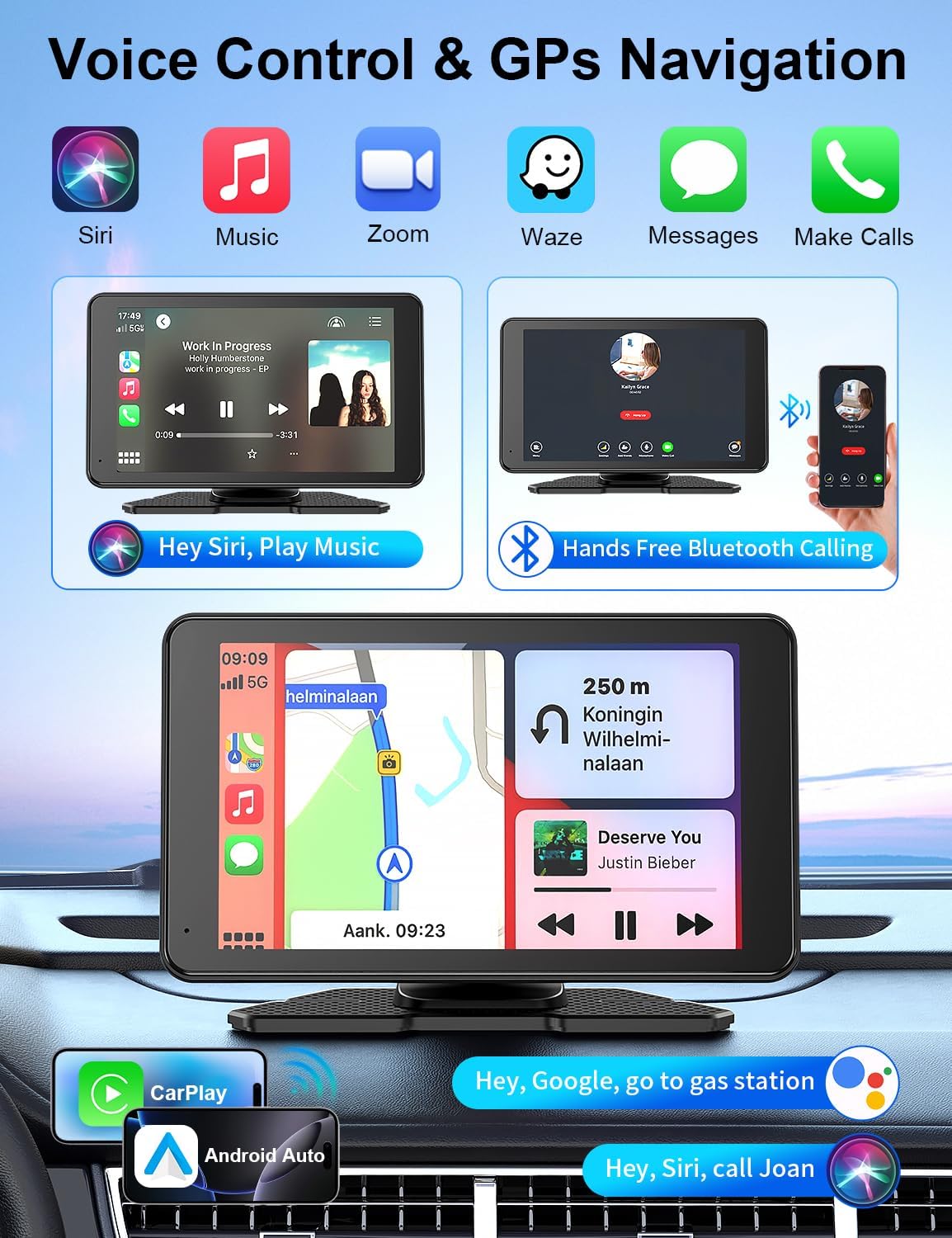 Apple Carplay Screen for Car, 7" HD Portable Car Stereo Touch Screen with Wireless Android Auto, Backup Camera with LED/Mirror Link/Voice Control/Bluetooth/GPS/AUX/FM Satellite Radio for All Vehicles