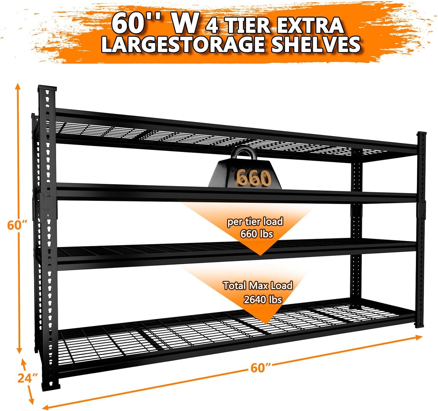 Storage Shelves Heavy Duty 4 PCS, 60"L x 24"W x 60"H Garage Wire Shelving Unit Loads 2640LBS, 4-tier Adjustable Metal Industrial Utility Shelf Rack for Kitchen, Laundry, Pantry, Warehouse, Basement