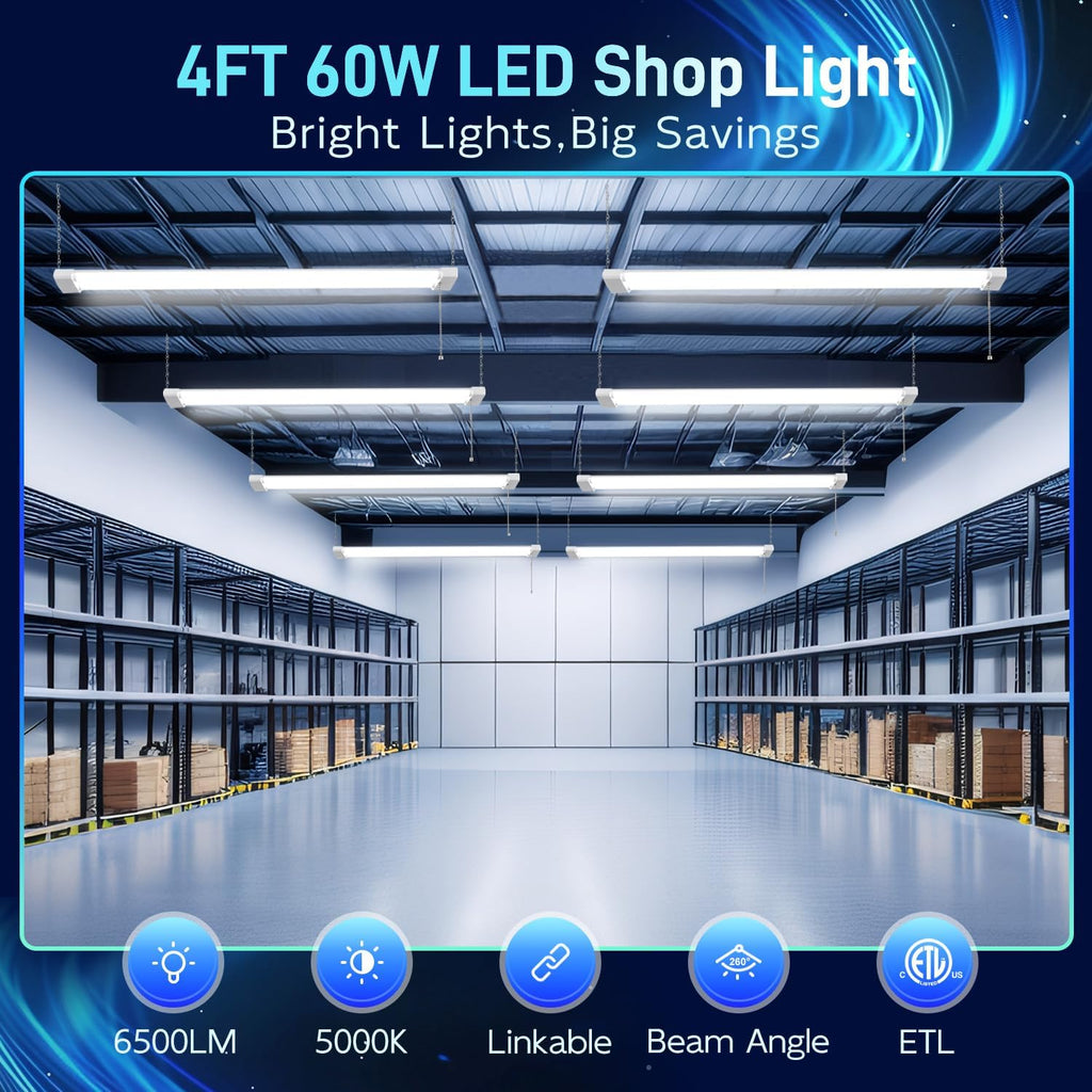 hykolity 4 Pack 4FT Linkable LED Shop Light for Garage, 6500lm, 4FT 60W Utility Light Fixture, 5000K Daylight LED Workbench Light with Plug, Hanging or Surface Mount, White - ETL