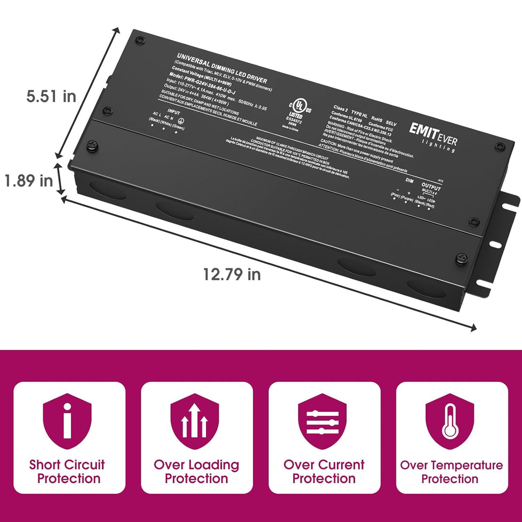 EMITEVER 384W Dimmable LED Driver, 24V 5-in-1 Dimmable Power Supply,4-Channels AC to DC Transformer for LED Light, Compatible with Lutron and Leviton Dimmer, Waterproof IP67 and UL Listed, Class 2