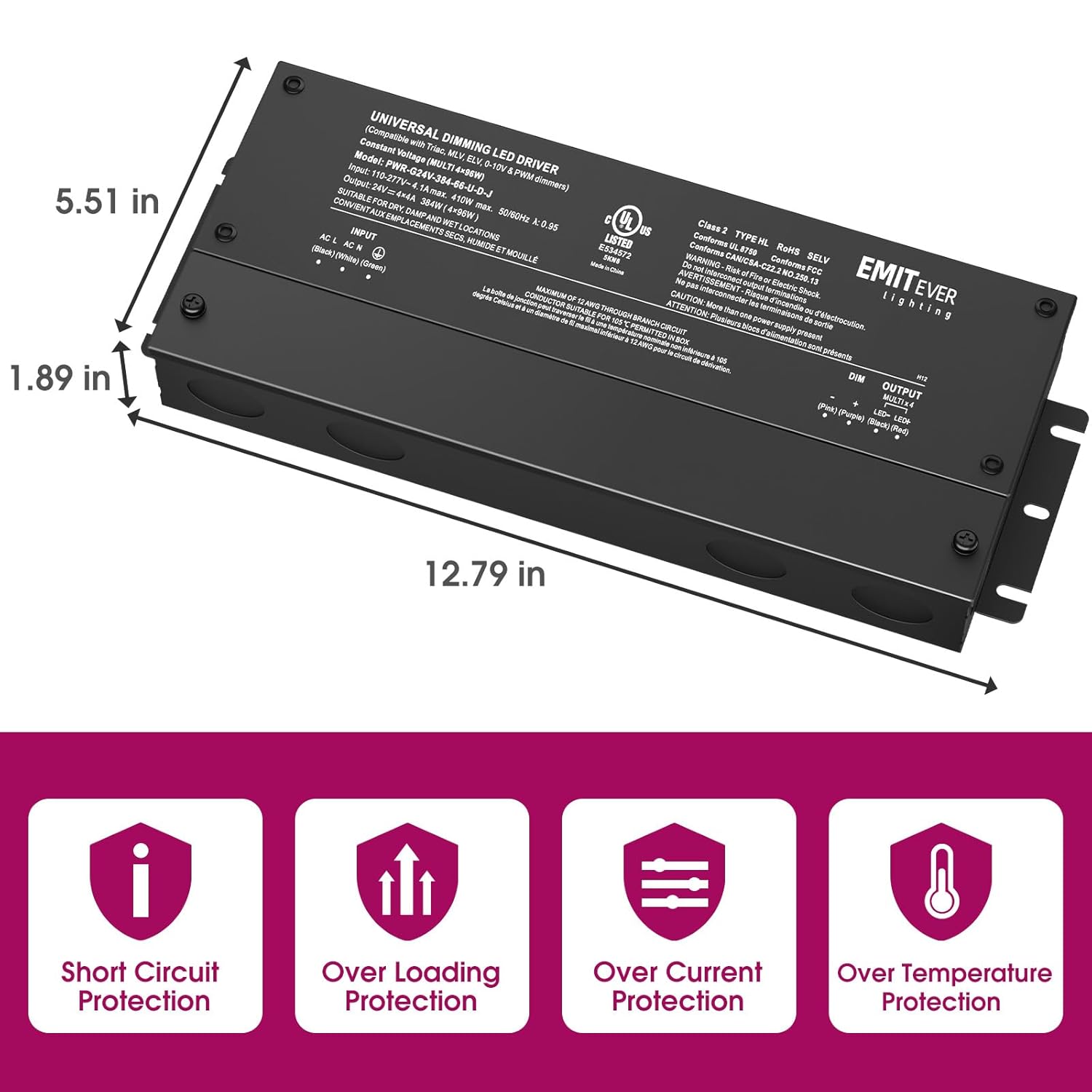 EMITEVER 384W Dimmable LED Driver, 24V 5-in-1 Dimmable Power Supply,4-Channels AC to DC Transformer for LED Light, Compatible with Lutron and Leviton Dimmer, Waterproof IP67 and UL Listed, Class 2