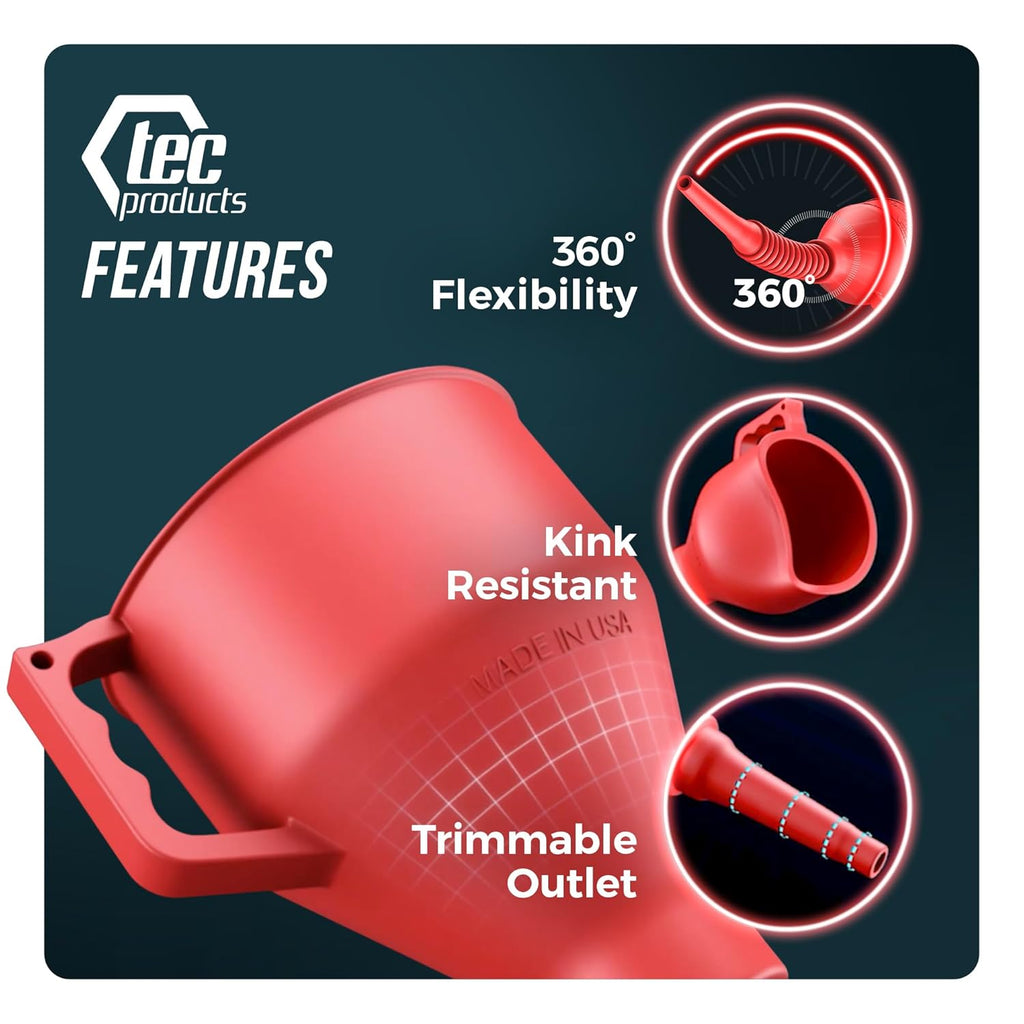 FlexAll Long Flexible Funnel for Automotive Use - Durable Nitrile Rubber - Ideal for Car Oil Change, Transmission Funnel Fluid, Diesel, Fuel, Gas - Made in USA - Red (16 x 5 Inches)