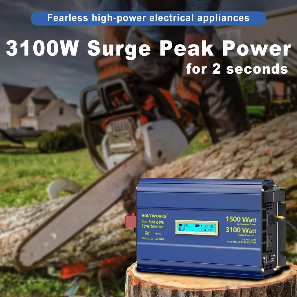 Pure Sine Wave Inverter 1500 Watt 12V to 110V 120V AC Surge Peak 3100W For 2 Seconds Power Inverter Built-in UL Fuse PD36W USB-C Port Compatible with Lithium Battery Starlink For Off-Grid Solar Car RV