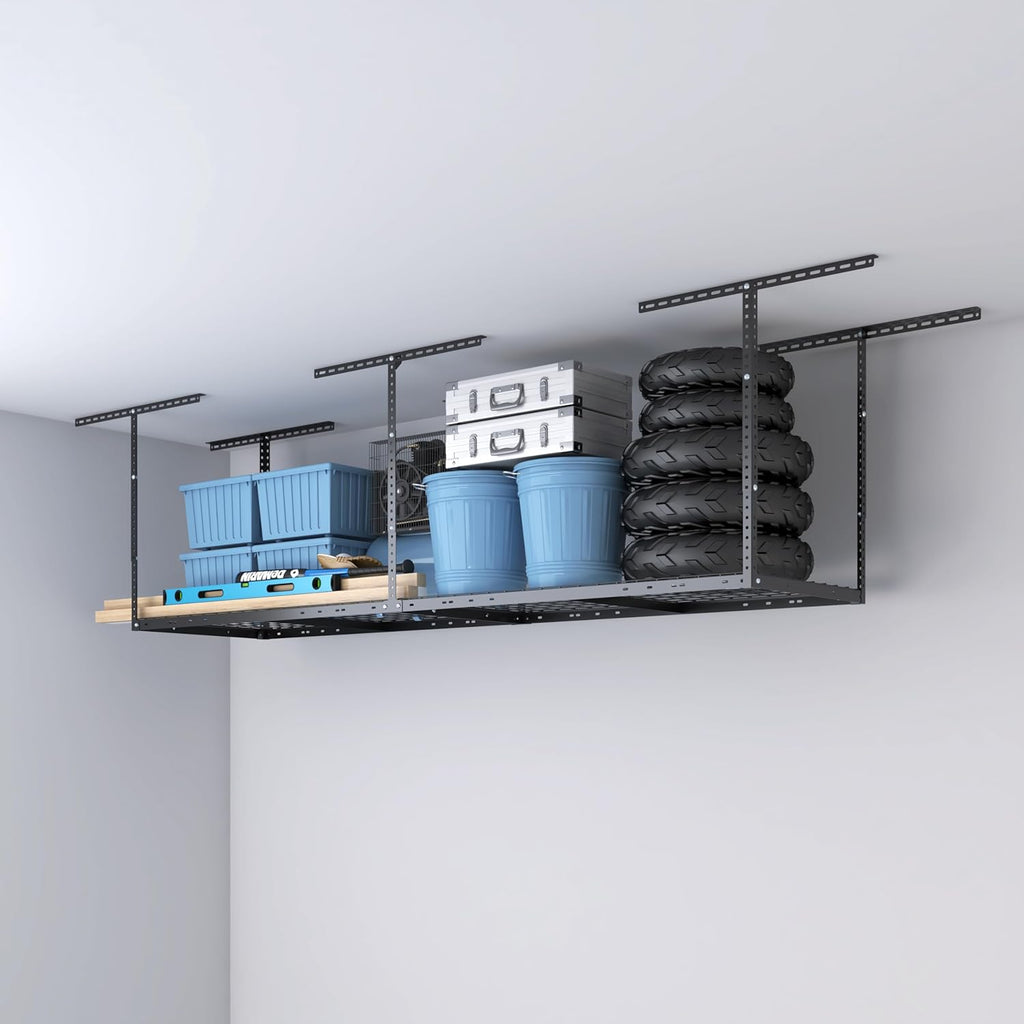 2ftx8ft Overhead Garage Storage Rack, Heavy-Duty Metal Garage Ceiling Storage Rack, 22''-40" Adjustable Ceiling Drop-Down, 400 lb. Loading Weight Capacity, Black