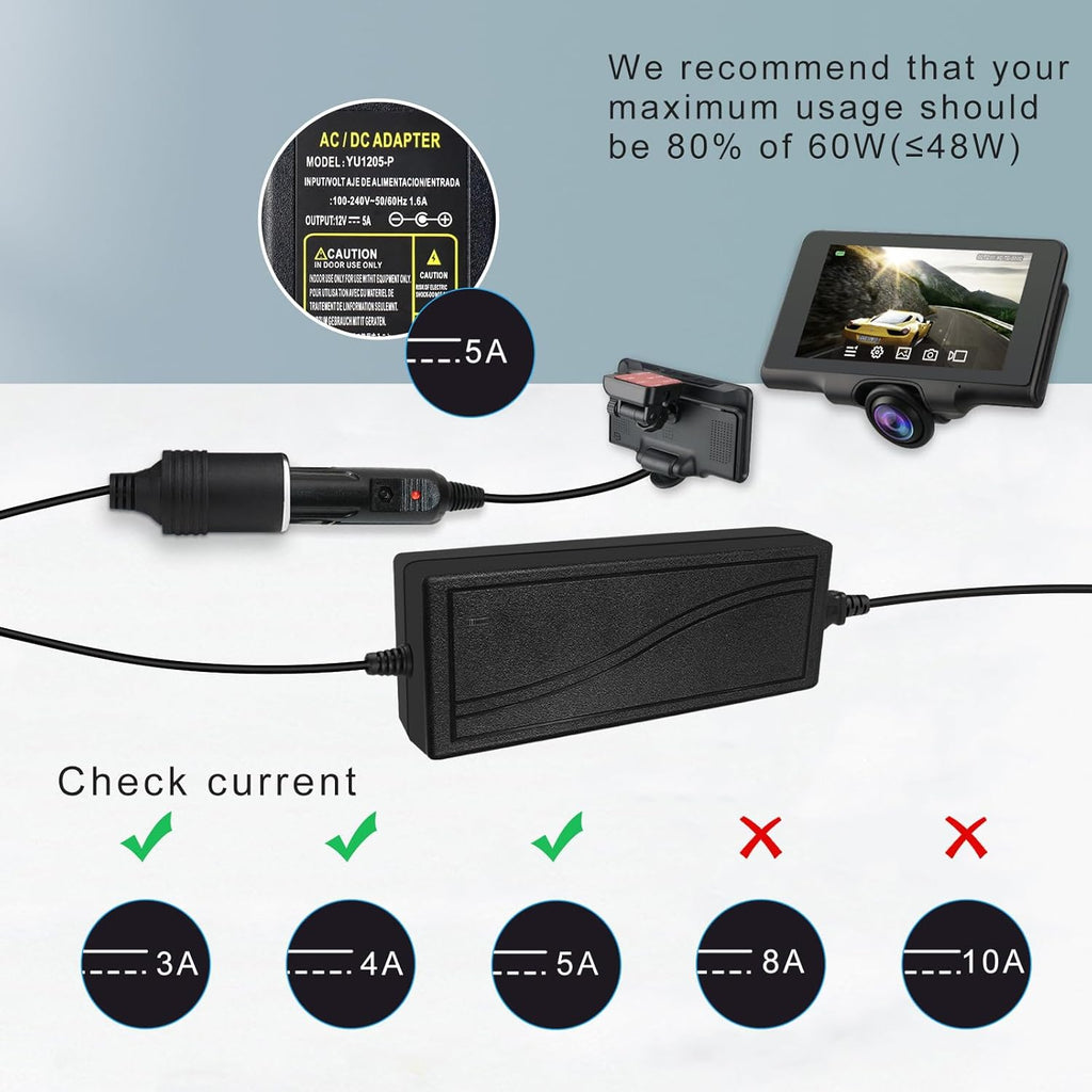 inShareplus 12V 5A 60W AC to DC Converter, 12 Volt Cigarette Lighter Adapter, AC 100-240V to DC 12V Car Lighter Adapter to Wall Outlet Adapter, 12V Power Supply for Car Devices (MP3, Fan, Dash Cam)