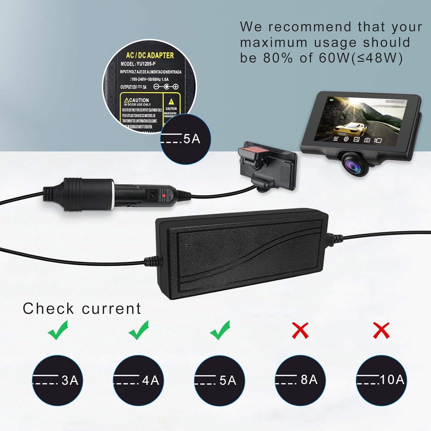 inShareplus 12V 5A 60W AC to DC Converter, 12 Volt Cigarette Lighter Adapter, AC 100-240V to DC 12V Car Lighter Adapter to Wall Outlet Adapter, 12V Power Supply for Car Devices (MP3, Fan, Dash Cam)